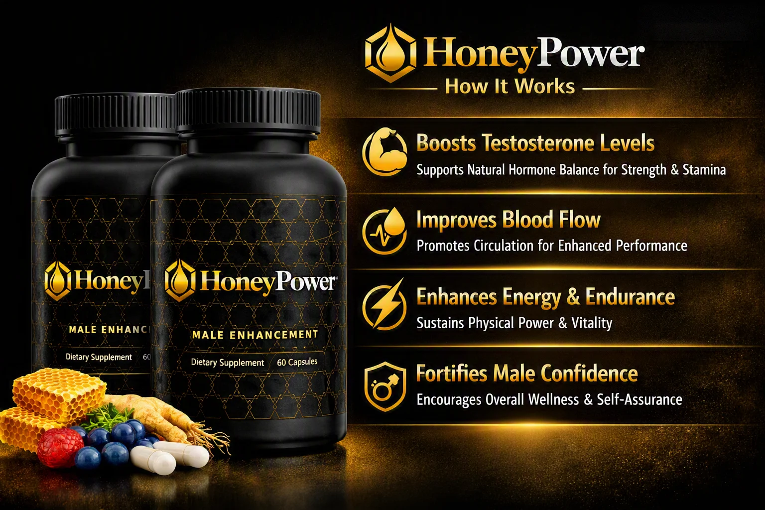 How Honey Power works — hormone support, blood flow support and prostate comfort